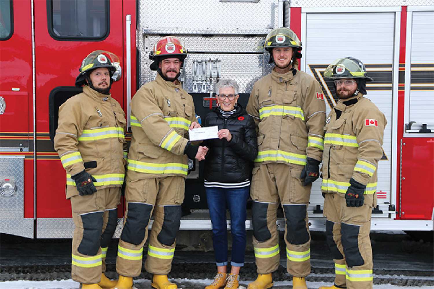 After winning $3,000 at the Nutrien Firefighter Rodeo, the Nutrien Rocanville Firefighter team decided to donate their winning prize to Crohns & Colitis Canada last Tuesday. From left to right are, Braden Brule and Jacob Porter of Nutrien Rocanville Firefighter Team, Nancy Apshkrum organizer for Crohns & Colitis Foundation in Moosomin, Andrew Daniel and Ace Brown of Nutrien Rocanville Firefighter Team. Missing: Jon Lucas.